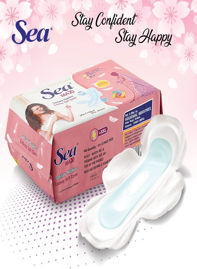 Sea Maxi Cotton Sanitary Pads for Women | Up to 100% Leakage Protection, Locks Odour & Wetness | Ultra Hygiene, Rash Free Cotton Soft | Pack of 15 (15 pcs Maxi XXL) - Image 2
